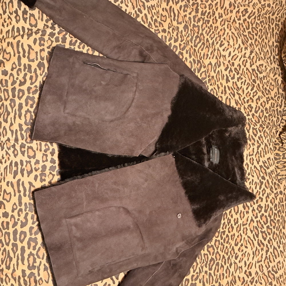 BCBGMaxAzria Brown Suede Jacket with Black Fur Collar